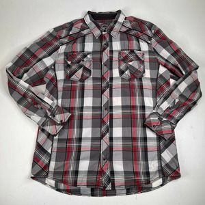 BKE Slim Fit Men's Shirt Long Sleeve Metal Snap Buttons Red Gray Plaid Size XXL
